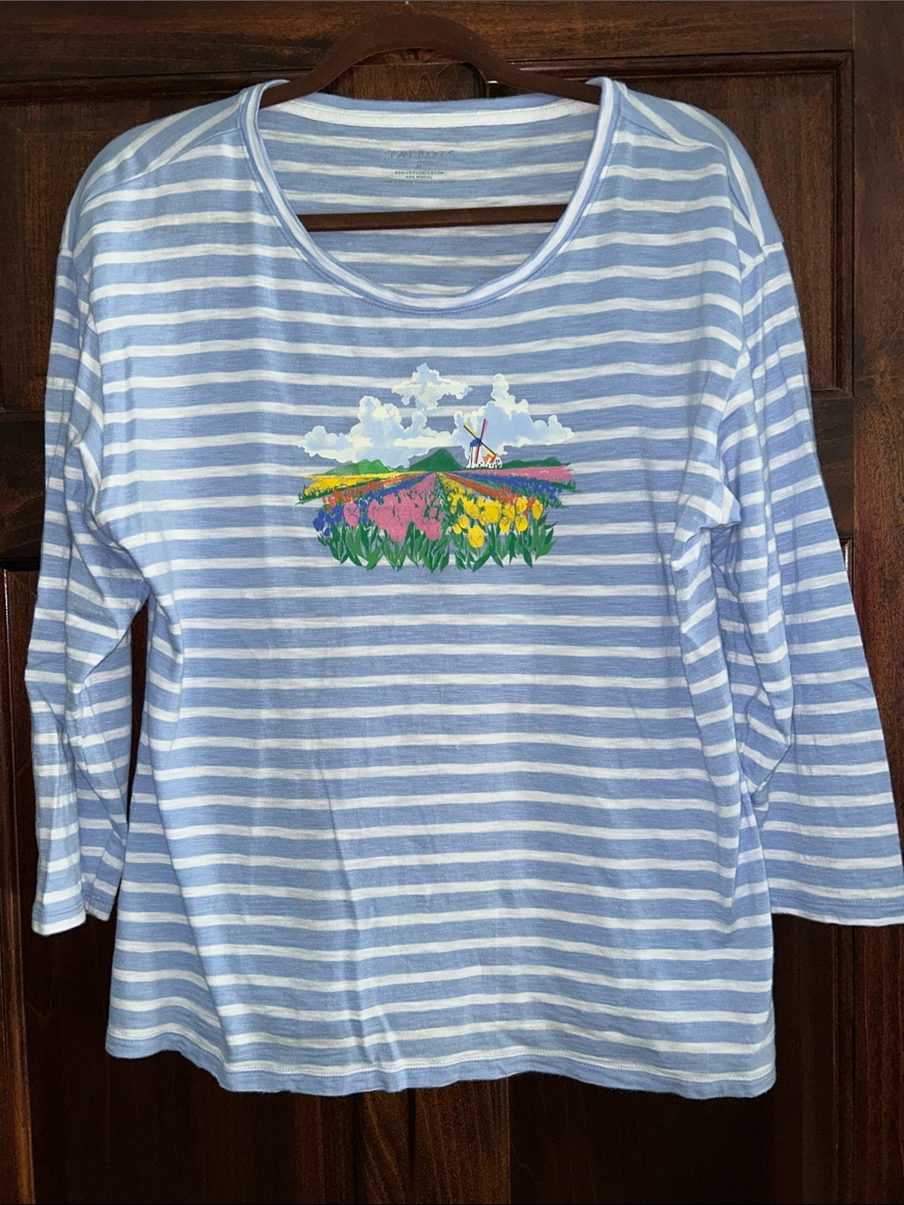 Talbots Light Blue and White Striped 3/4 Sleeve Top w Flowers XL